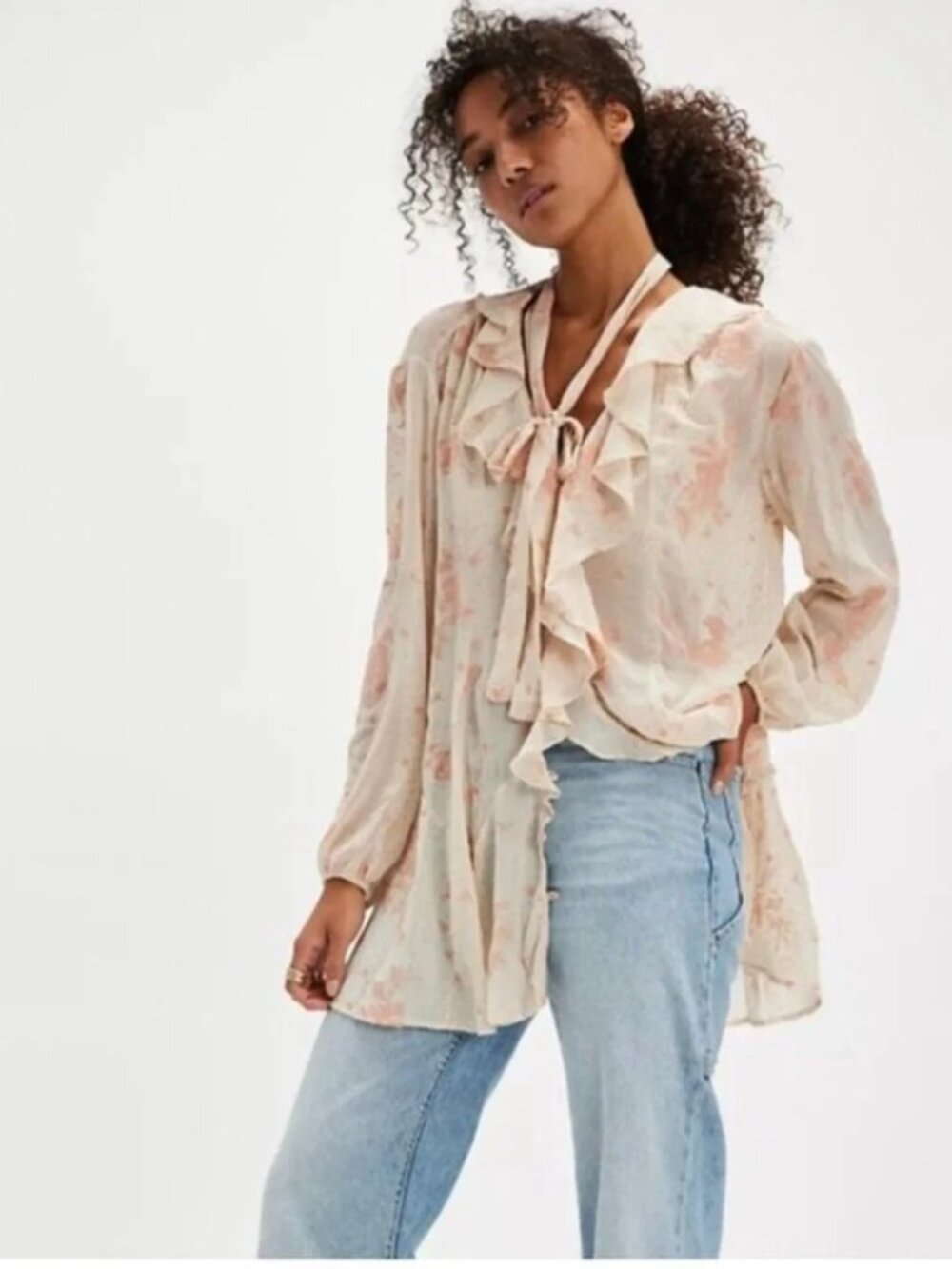 Free People Dreamland Floral Tunic Button Front Cream Peach Combo Size M